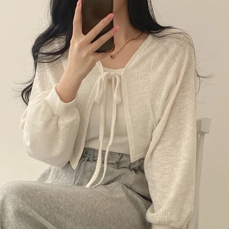 XBBA White Sweet Kawaii Women Cardigan Summer Thin Fashion All Match Shirt Korean Casual Loose Female Lace Up Top New