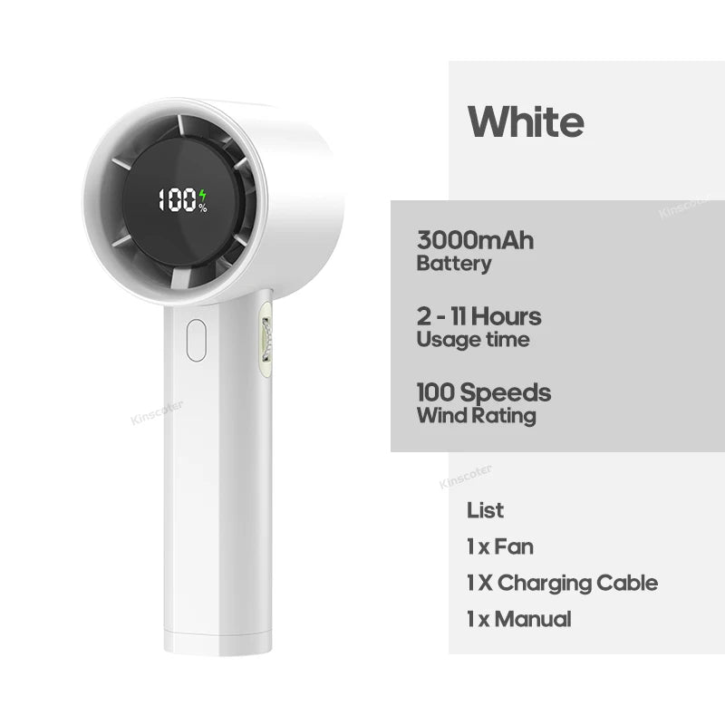 Mini High Speed Turbo Handheld Fan 100 Wind Speeds Adjustable with Digital Display 3000mAh Battery Operated Electric Eyelash Fan