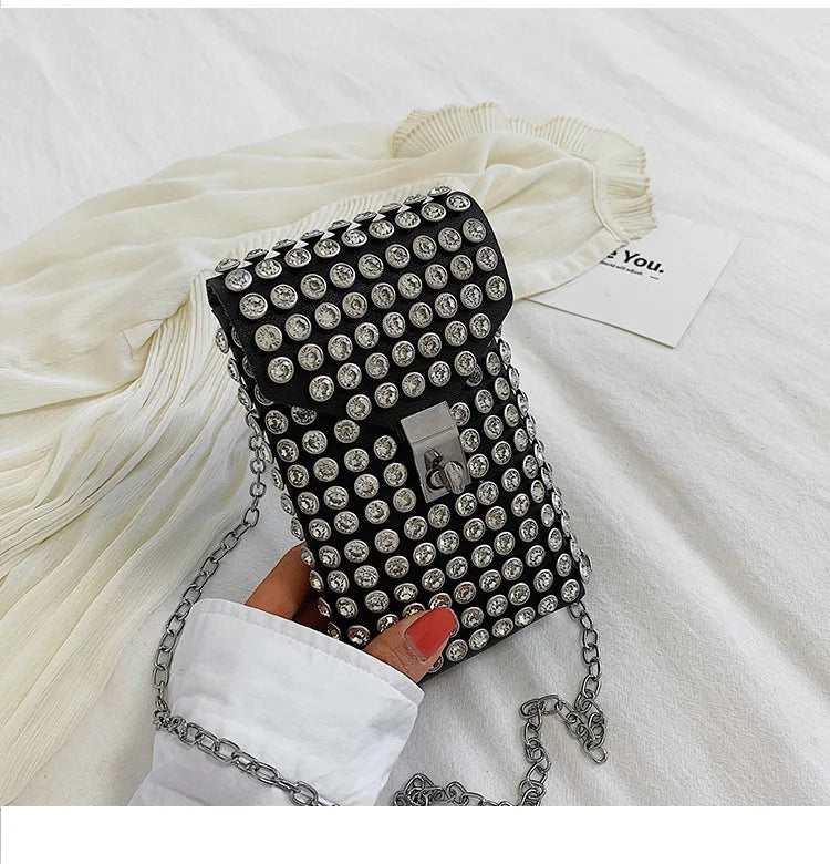 Luxury Full Rhinestone Women Phone Waist Bags Detachable PU Leather Waist Belt Shoe chain Crossbody Shoulder Bag Pack