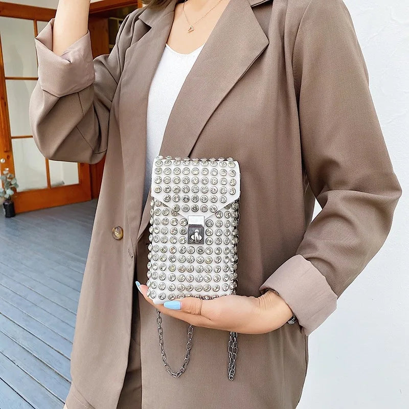 Luxury Full Rhinestone Women Phone Waist Bags Detachable PU Leather Waist Belt Shoe chain Crossbody Shoulder Bag Pack