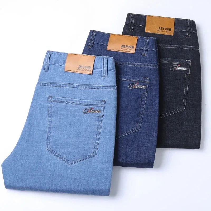 Spring Summer Thin Denim Pants Men Straight Cotton Stretch Jeans Business Classic Casual Lightweight Breathable Trousers