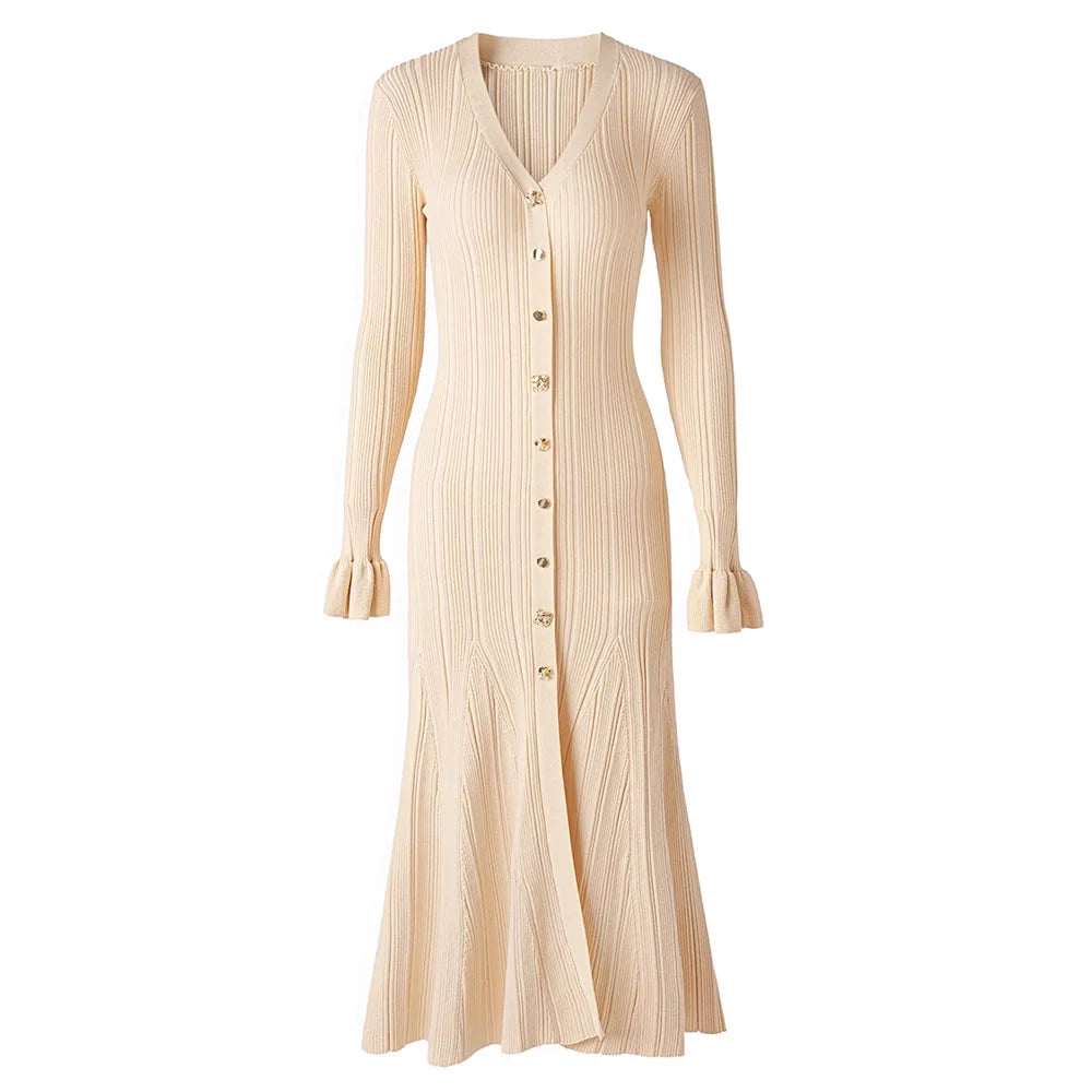 Knitted Mid-Length Dress 2024 New Women Long Sleeve Ribbed Party Dresses Elegant Lady Knitwear 5240175