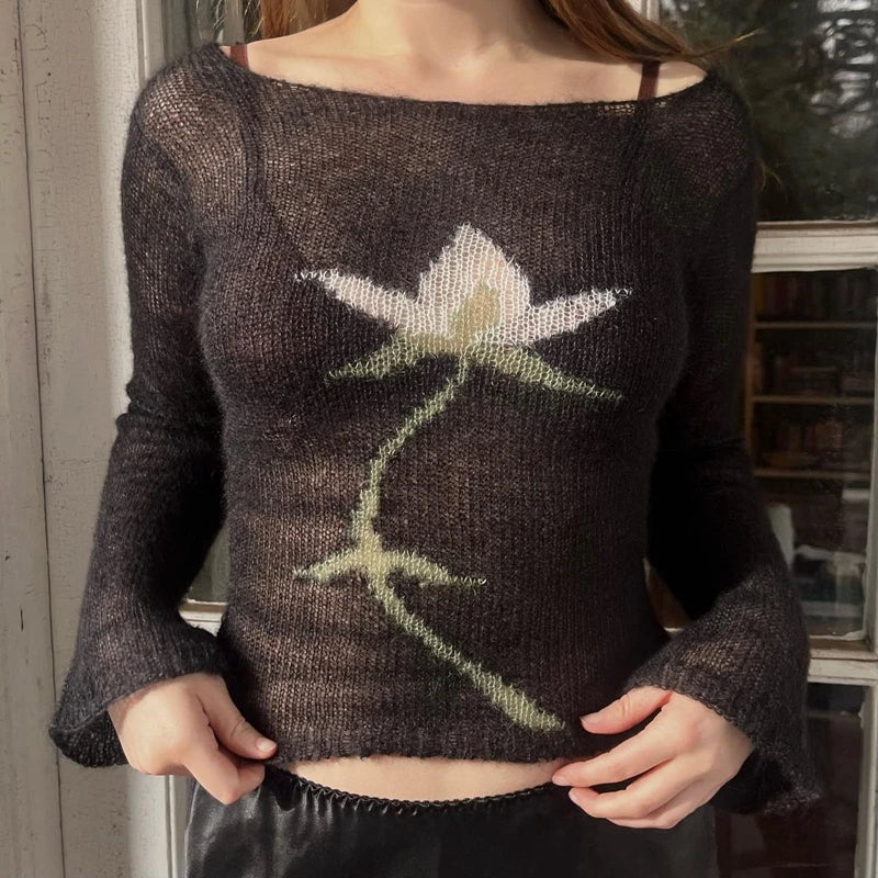 Flower Long Sleeve Knitted Crop Tops Aesthetic See Through Sweater Tees 90s Vintage Y2k Gyaru Crop Tops Jumpers Cottage Clothes
