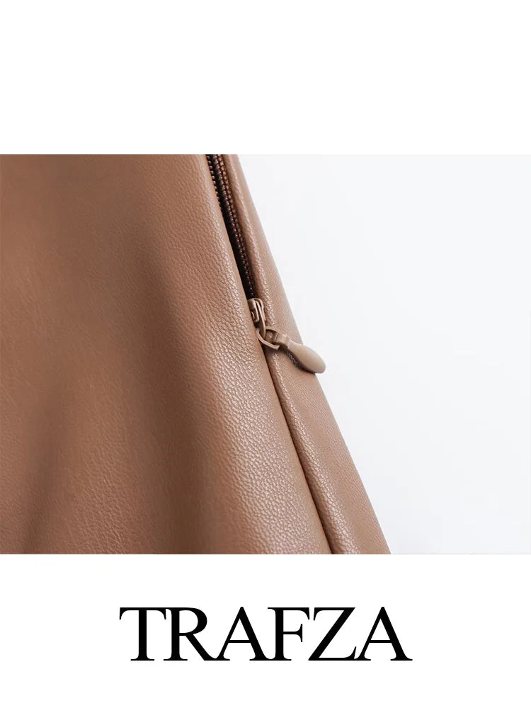 TRAFZA 2024 Women Stylish Stretch Pants Streetwear Solid High Waist Ladies PU Faux Leather Pencil Trousers Full Length Bottoms