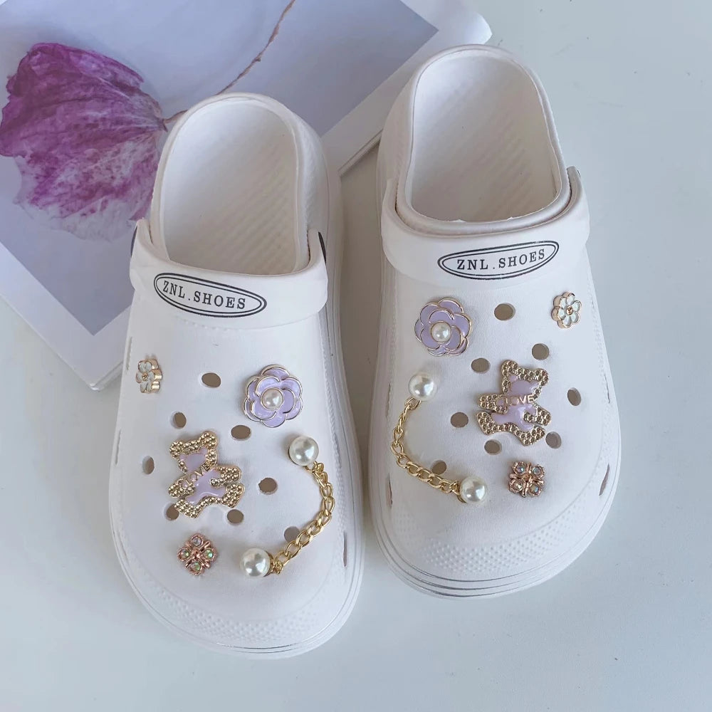 Shoe Charms for Crocs DIY Lovely Purple Bear With Gold Rim Decoration Buckle for Croc Shoe Charm Accessories Party Girls Gift