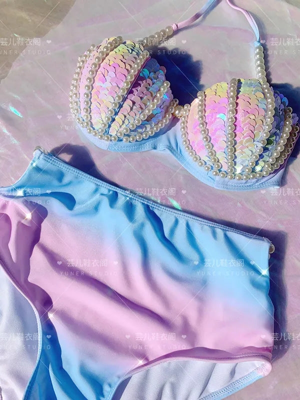 New Thailand Shell Sequin Bikini Corset Mermaid Show Spa Vacation Split Swimsuit Gathered Sexy Corset Set
