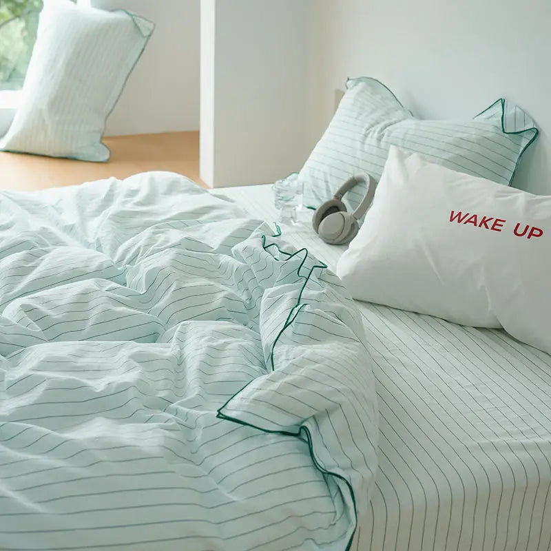Mint Manbo Rolled Edge Washed Cotton Bed Four Piece Set, Duvet Cover, High-end Bed Sheet, Student Bed, Dormitory Three Piece Set