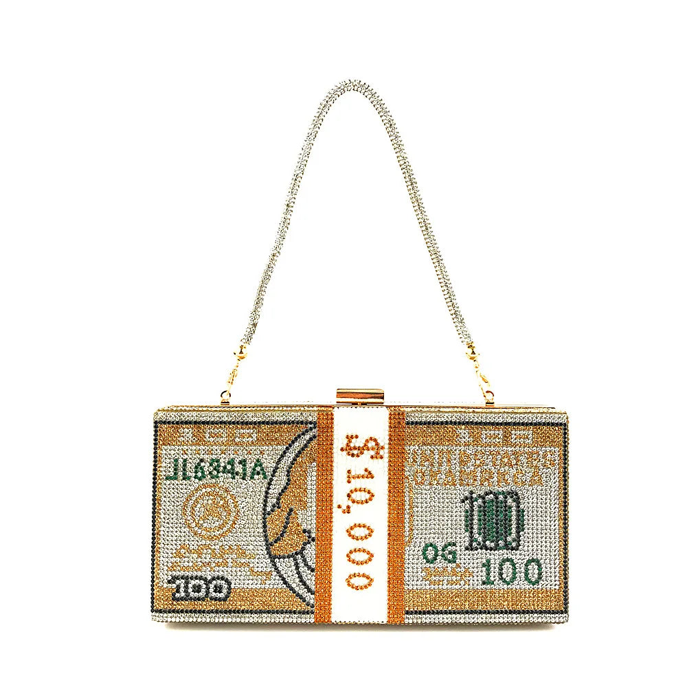 Money Clutch Rhinestone Purse 10000 Dollars Stack Cash Evening Handbags Shoulder Wedding Dinner Bag 2024 women bag сумка wallet