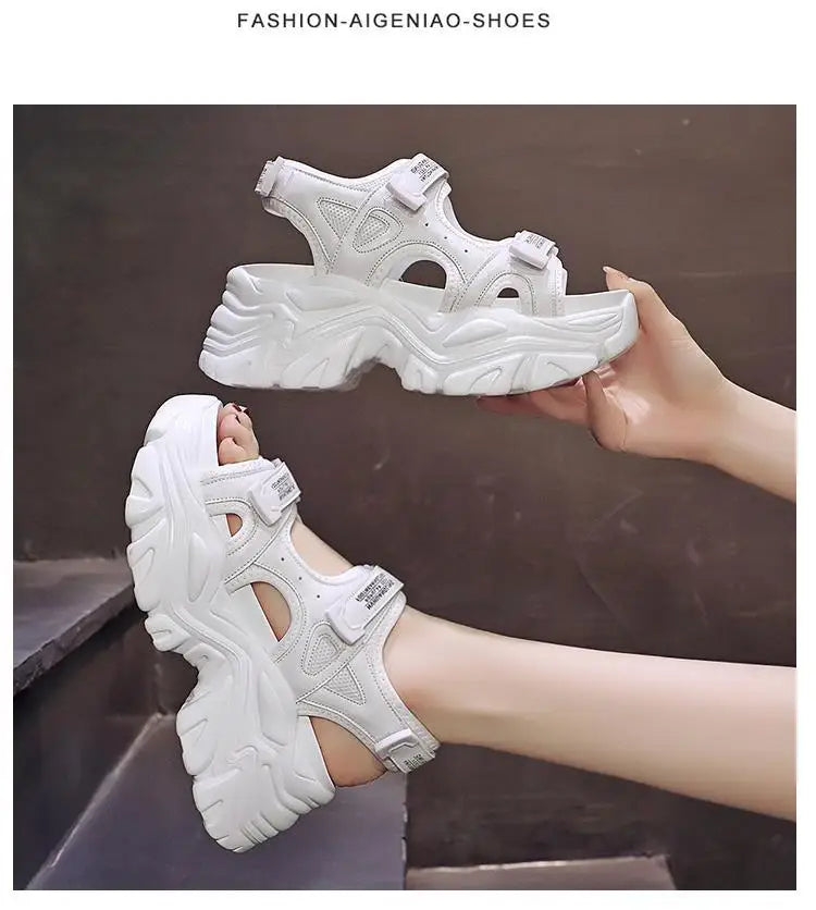 Fujin 8cm Women Sandals Platform Thick Sole Chunky Shoes Platform Ins Casual Summer Shoes Sandals Beige Black Comfortable