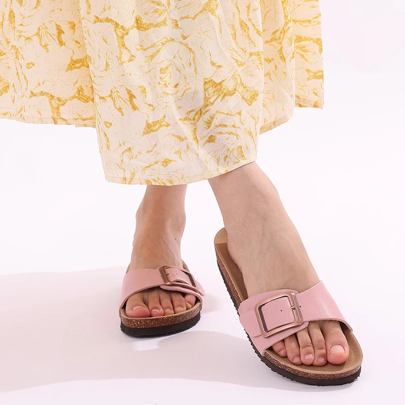 Kidmi Women Cork Suede Mules Slippers Outdoor Antiskid Beach Slippers Classic Cork Footbed Women Sandals With Adjustable Buckle