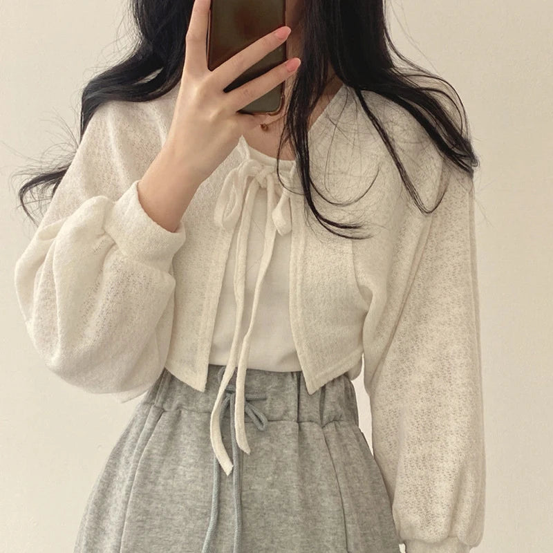 XBBA White Sweet Kawaii Women Cardigan Summer Thin Fashion All Match Shirt Korean Casual Loose Female Lace Up Top New