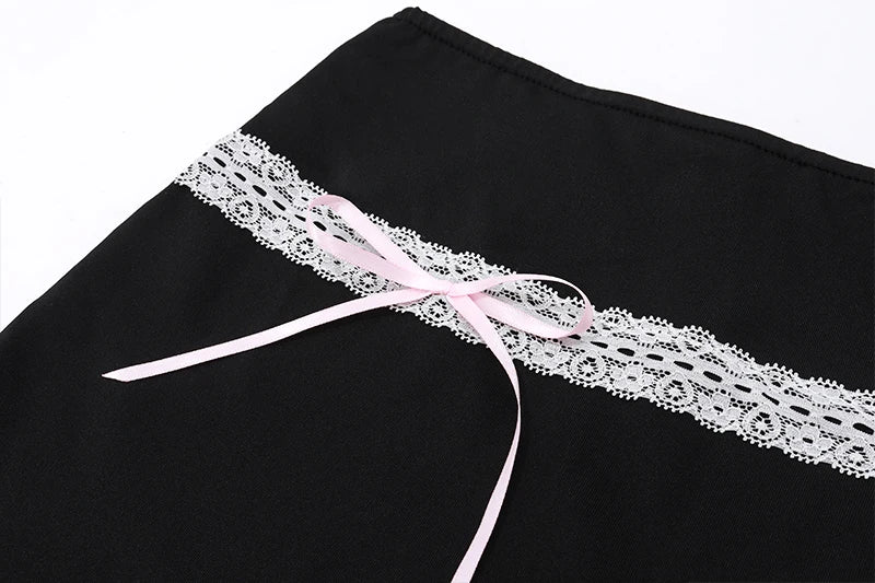Candyhot Y2K Bow Lace Up High-waist Hip Skirts Chic Lace Stitch Black Skirt Summer Streetwear Vacation Bodycon Short Dresses