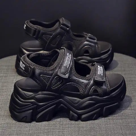Fujin 8cm Women Sandals Platform Thick Sole Chunky Shoes Platform Ins Casual Summer Shoes Sandals Beige Black Comfortable