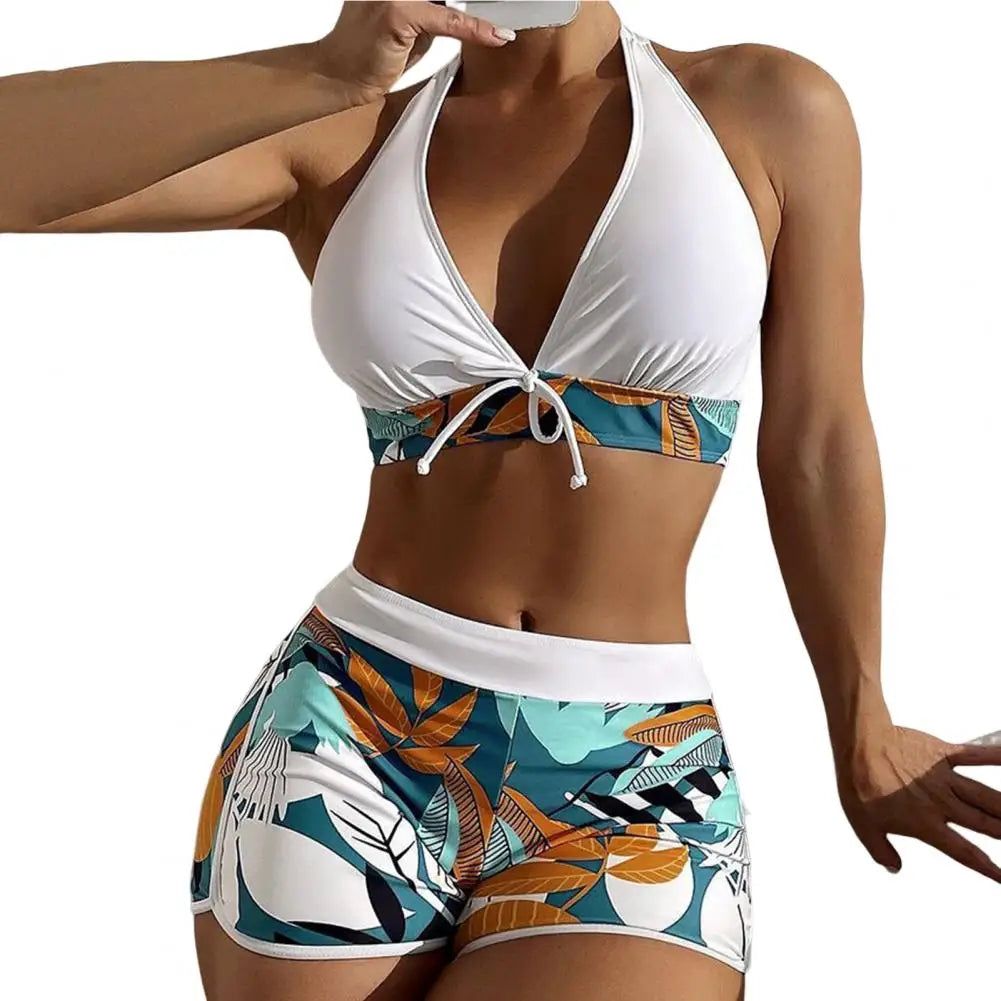 2Pcs/Set Bikinis Set Bowknot Decor Floral Print Bikini Backless Halter Bra High Waist Beachwear Female Beach Clothing
