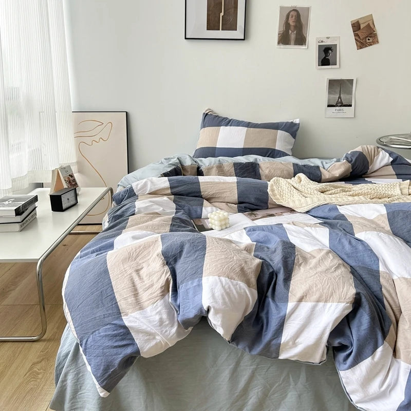 Bed Linen Washed Cotton Striped Grid Minimalist Bedding Sheet Set Comforter Sets Queen Duvet Cover Double For Boys And Girls