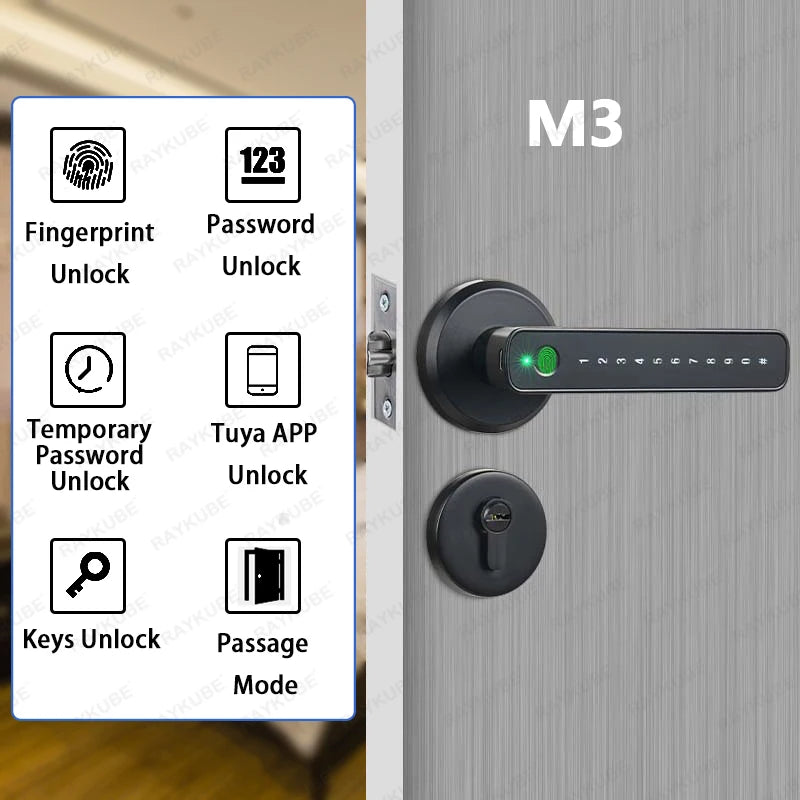 RAYKUBE M3 Tuya BLE Smart Fingerprint Electronic Door Lock Password Lock with Keys Smartlife/Tuya APP Unlock Delivery From USA