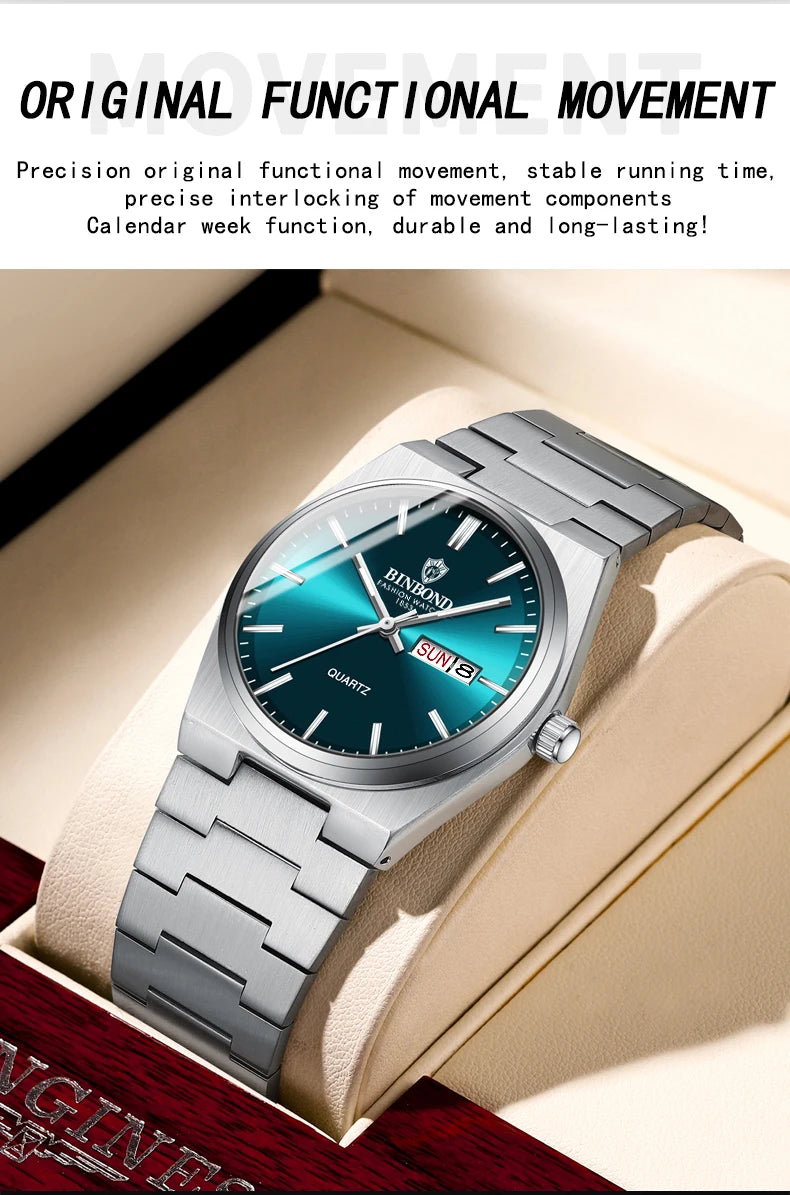 BINBOND Fashion New Men Business Watch Leisure Quartz Stainless Steel Buckle Watches Waterproof Luminous Calendar Men's Watches