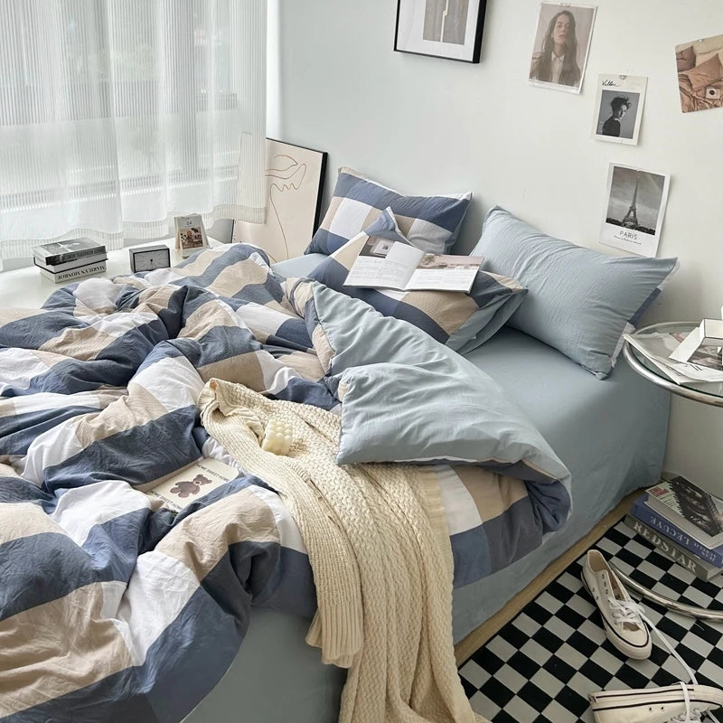 Bed Linen Washed Cotton Striped Grid Minimalist Bedding Sheet Set Comforter Sets Queen Duvet Cover Double For Boys And Girls