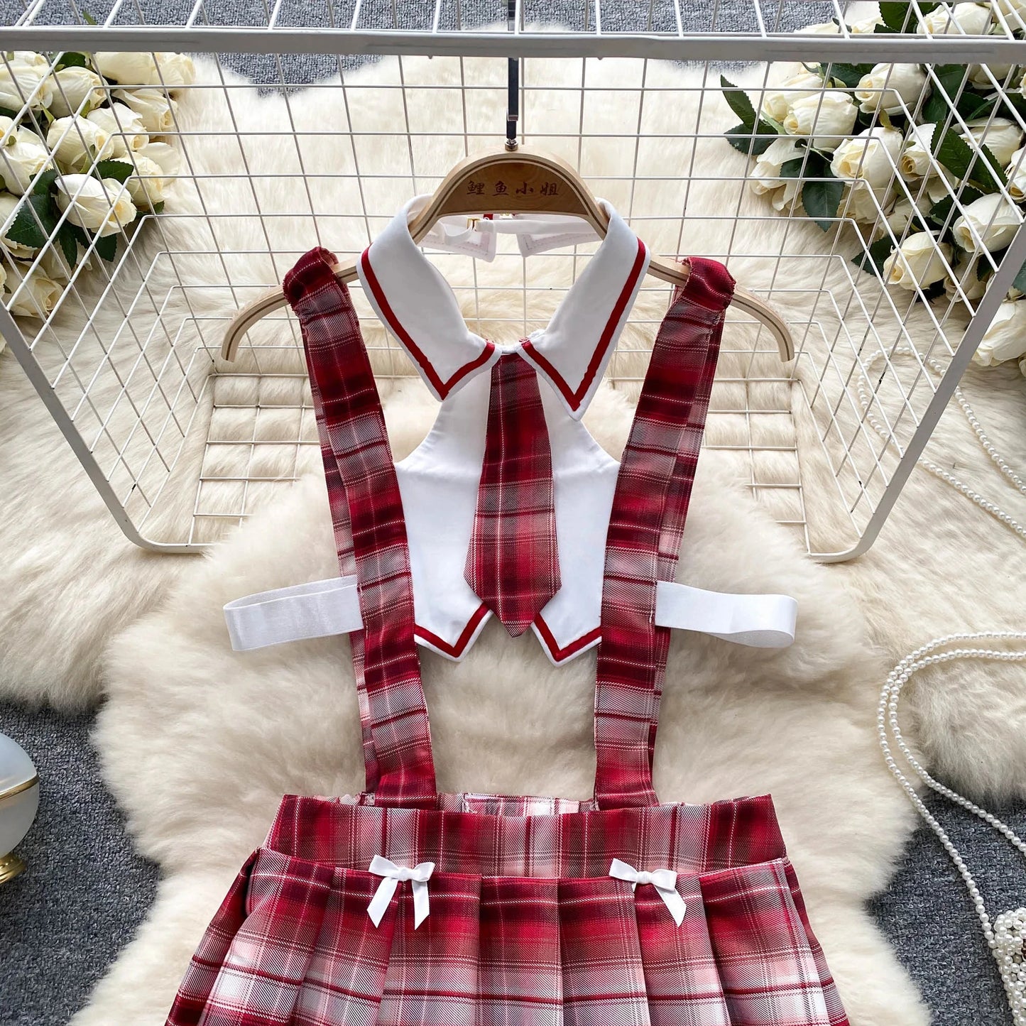 Girls Sexy Cute Japanese JK Uniform Mini Checkered Strap Skirt Off Shoulder High Waist Elastic Cosplay Dress Hot Sweet Pajama