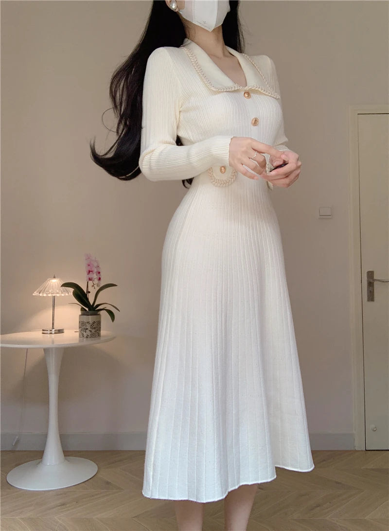 New Women French Knitted Dress Autumn Winter Slim A-line Lapel Casual Knitted Dresses Ladies Elegant Long Sleeve Midi Dress