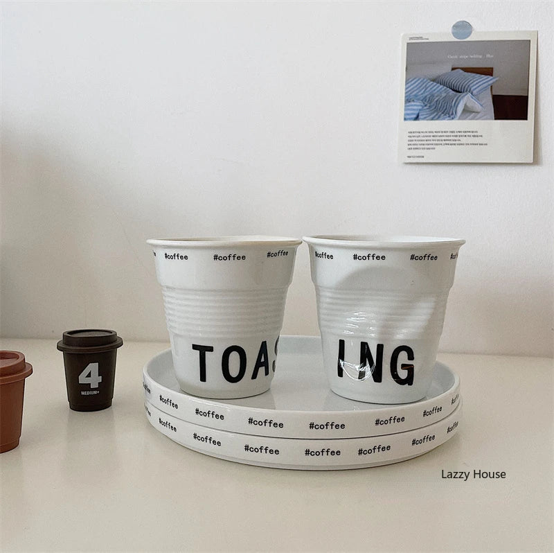 6.7oz korean style cups and mugs coffee mug white ceramic nordic wrinkle cup 200ml drinking coffe tumbler English Letter