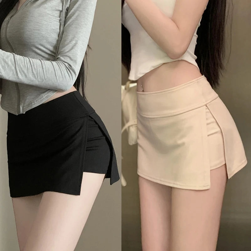 Women Sexy Low-waisted Casual Side Split Sports Yoga Solid Color Fashion Slim Wrap Buttocks Short Skirts