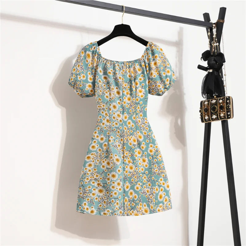 Women Chiffon Mini Dresses Summer Fashion Female Vestidos Skinny Print Floral Shirring Pleated Short Puffy Sleeve Casual Dress