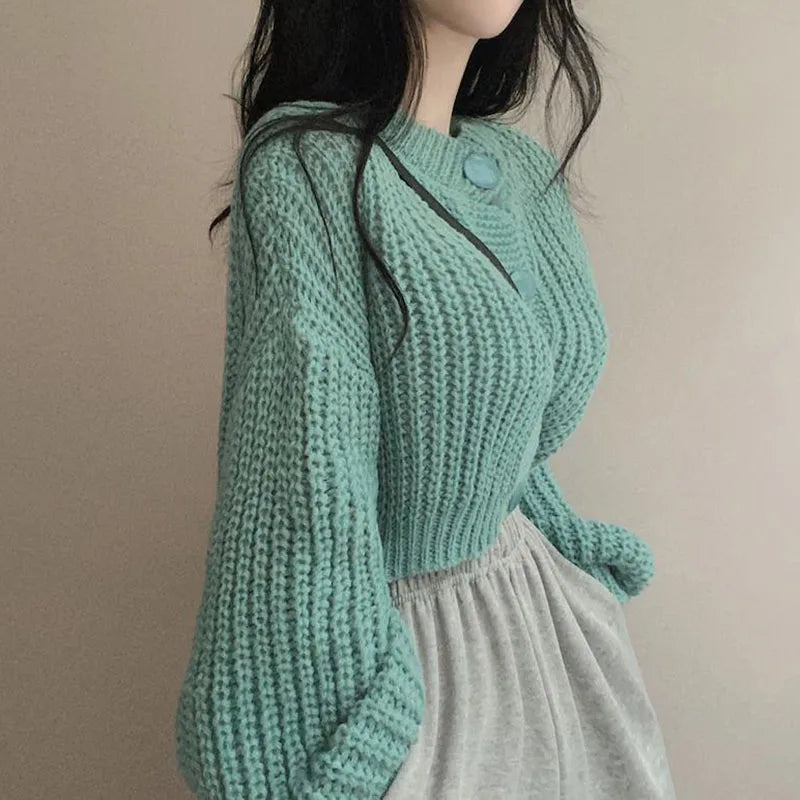 2024 Fall Winter Short Knitted Cardigan Women Thicken Warm Single-Breasted Sweater Female Solid O-Neck Long Sleeve Knitwear Coat