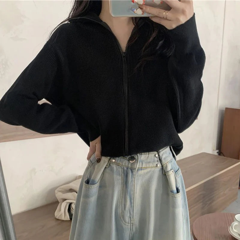 Korean Fashion Zipper Up Cardigan Women Autumn Winter Knitted Turtleneck Sweater Woman 2024 Solid Color Cropped Cardigans Female