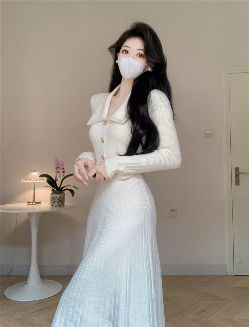 New Women French Knitted Dress Autumn Winter Slim A-line Lapel Casual Knitted Dresses Ladies Elegant Long Sleeve Midi Dress