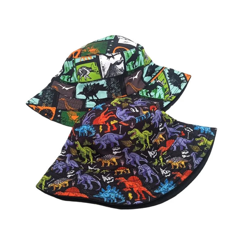 Bocca Cartoon Dinosaur Bucket Hat Children Boys Kids Fisherman Hats Pattern Double Sides Panama Cap Summer Outdoor Sunscreen Cap