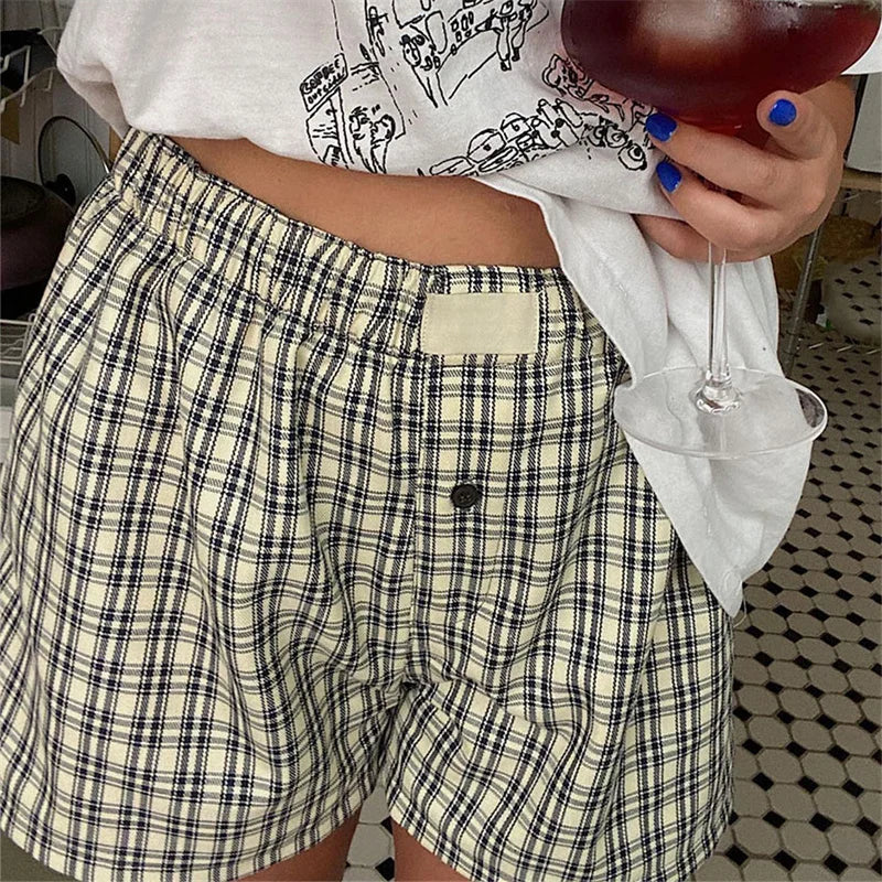 Women's Y2k Pajamas Shorts Cute Plaid Pj Short Pants Flannel Lounge Sleep Shorts Bottoms Elastic Waist Baggy Boxers Tracksuit