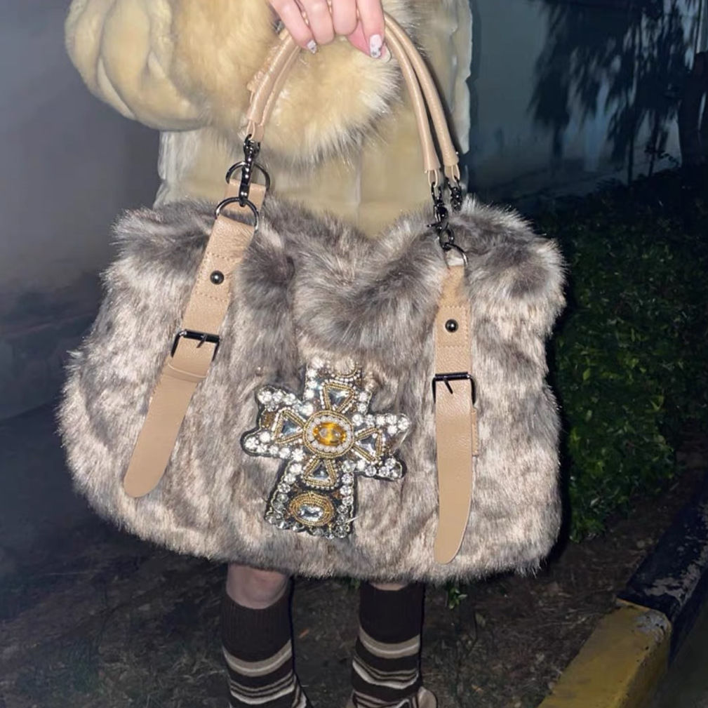 MBTI Y2k Womens Shoulder Bag Autumn and Winter Fashion Crucifixion Vintage Tote Bag Harajuku Rhinestone Large Capacity Handbag