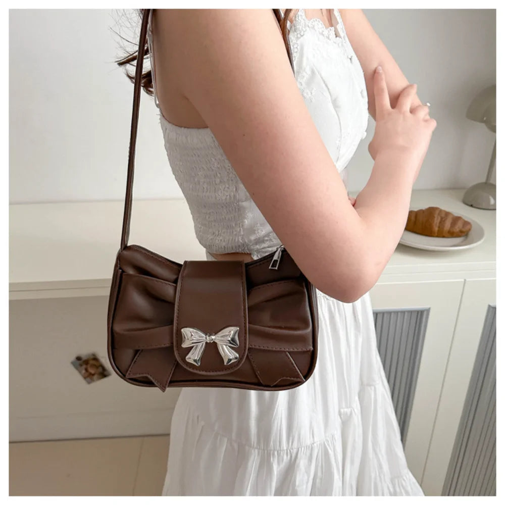 Korean Bow Pleated Shoulder Bag For Women 2024 Spring Summer New Armpit Bag Handbag