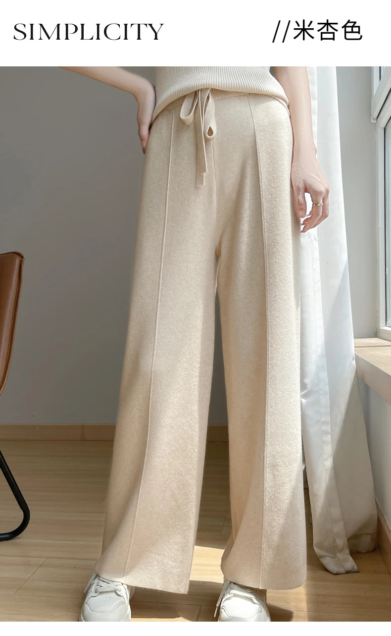 2024 Women's Cashmere Pants Sports Pants Women's Autumn and Winter High Waist Drawstring Warm Pants Knitted Cashmere Warm Pants