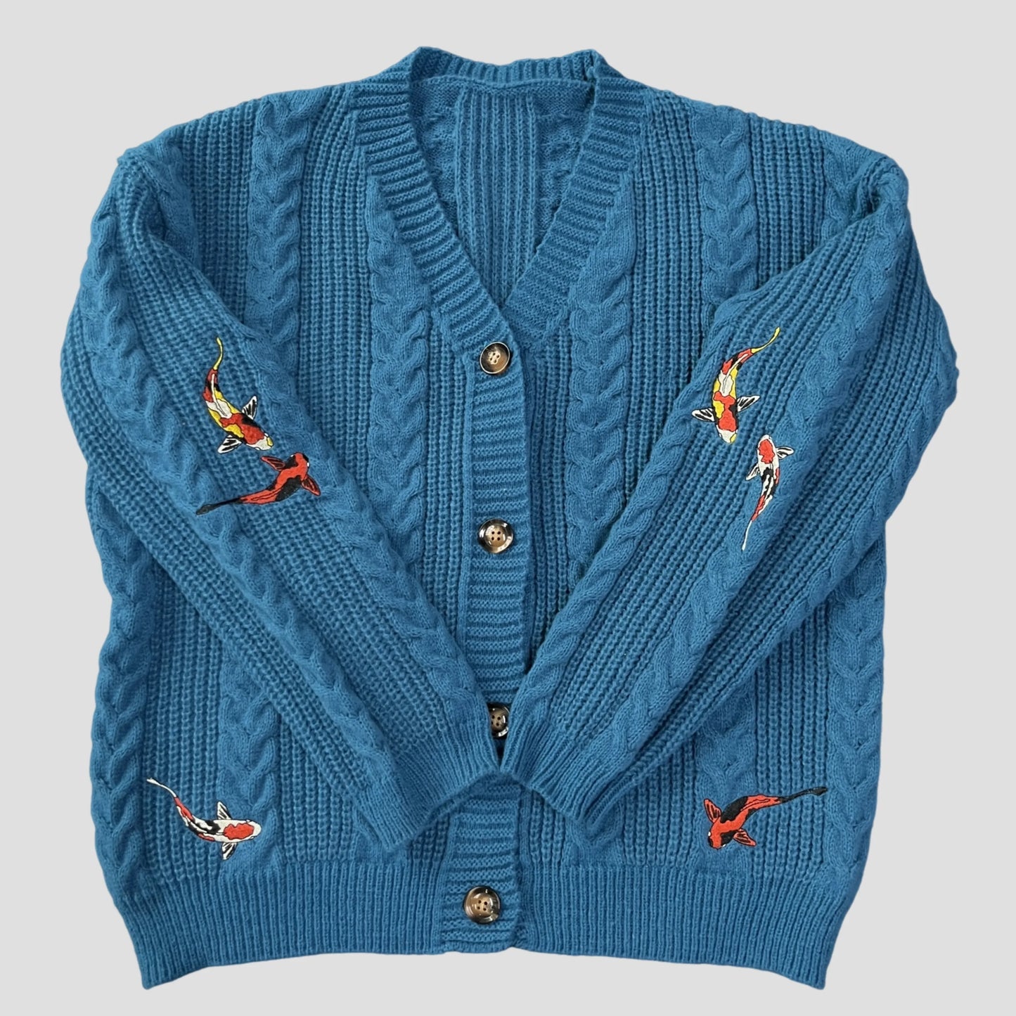 Koi Fish Cardigan Women Vintage Style Koi Carp Embroidery Sweater Female Autumn Winter Turquoise Knitted Cardigans Tops Y2k Girl