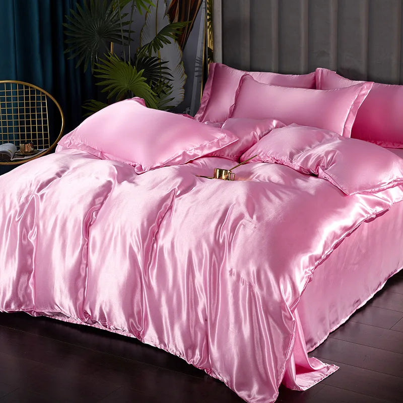 Silk Bedding Set with Duvet Cover Pink Bed Sheet Set with PillowCase 100% Pure Silk Bed Linen Set King Queen Full Twin Size