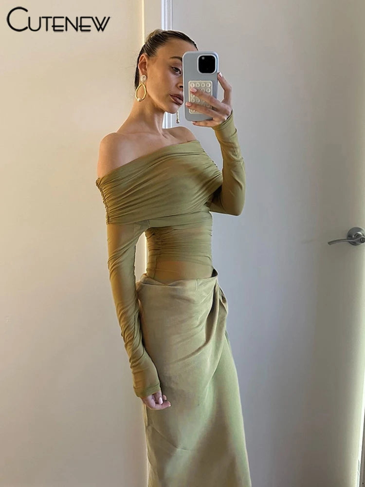 Cutenew Mesh Ruched Women Maxi Dress Sexy See Through Off Shoulder Long Sleeve Sheath Vestidos Female Midnight Party Solid Robe
