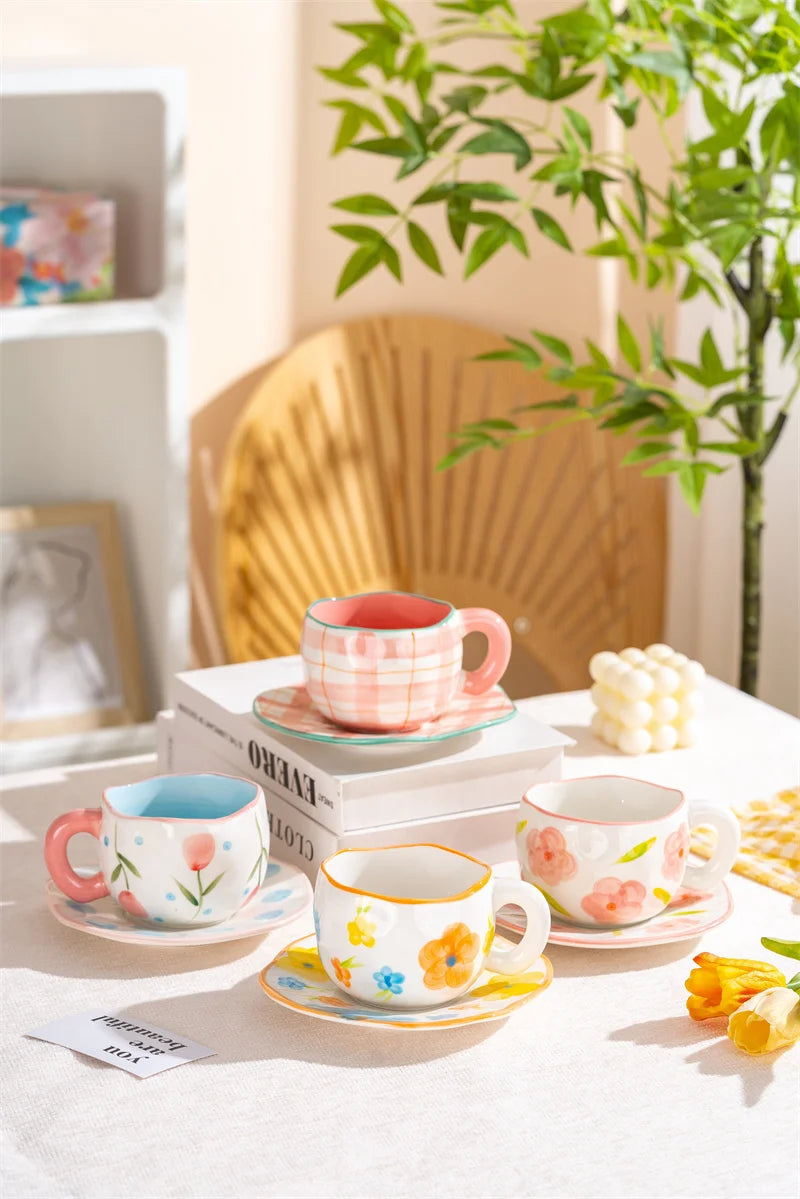 300ML Creative Hand Pinched Irregular Flower Ceramic mug Handmade Coffee Cup Breakfast Milk Afternoon tea cups Korean Style Mugs