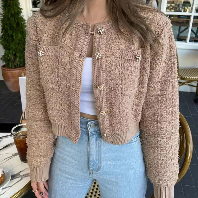 Korean Style Pink Round Neck Cropped Cardigans for Women Chic Button Long Sleeve Knitted Coats Woman Pocket Bling Short Cardigan