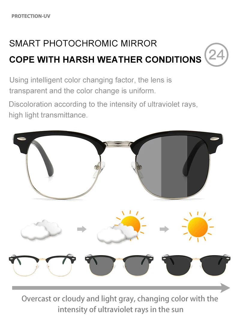 Classic Half Frame Photochromic Sunglasses Men Women Retro Rivet Chameleon Sun Glasses Male Fashion Change Color Driving Shades