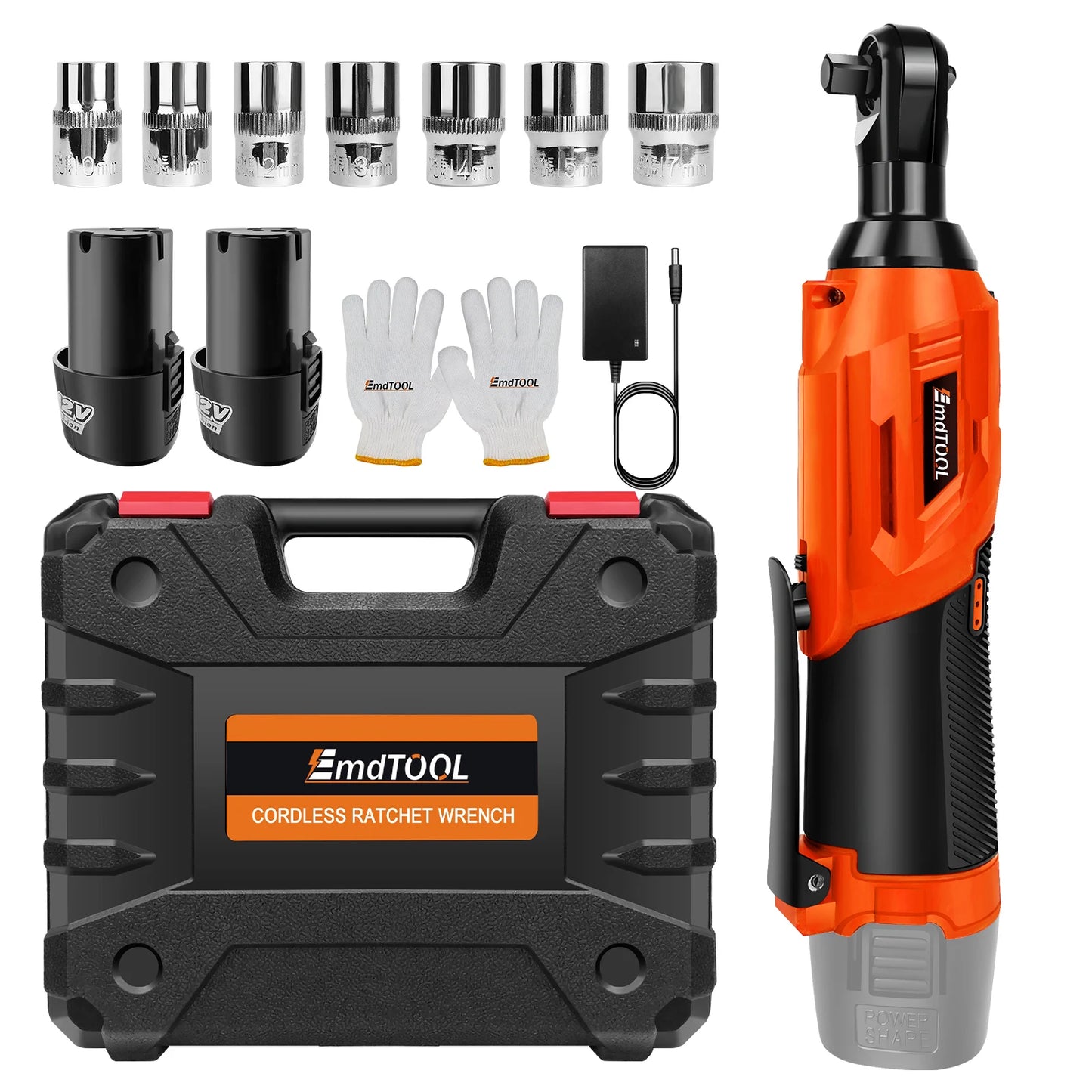 DayPlus 200NM 3/8" Cordless Electric Ratchet Wrench,90° Angle Wrench 12V Power Ratchet Tool with 2 Batteries & Charger+7 Sockets
