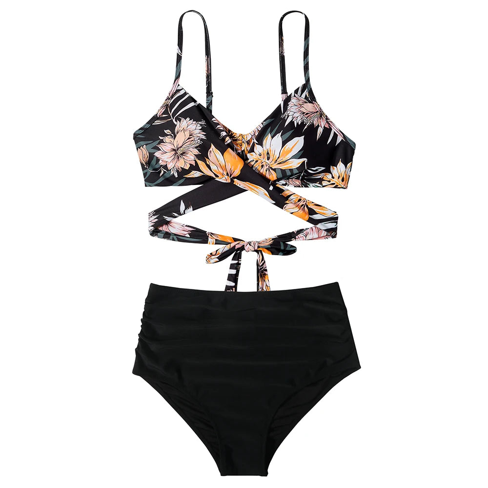 High Waist Sexy Bikini Set 2024 Biquini Swimwear Women Two Pieces Swimsuit Floral Beachwear V-Neck Bathing Suits Female