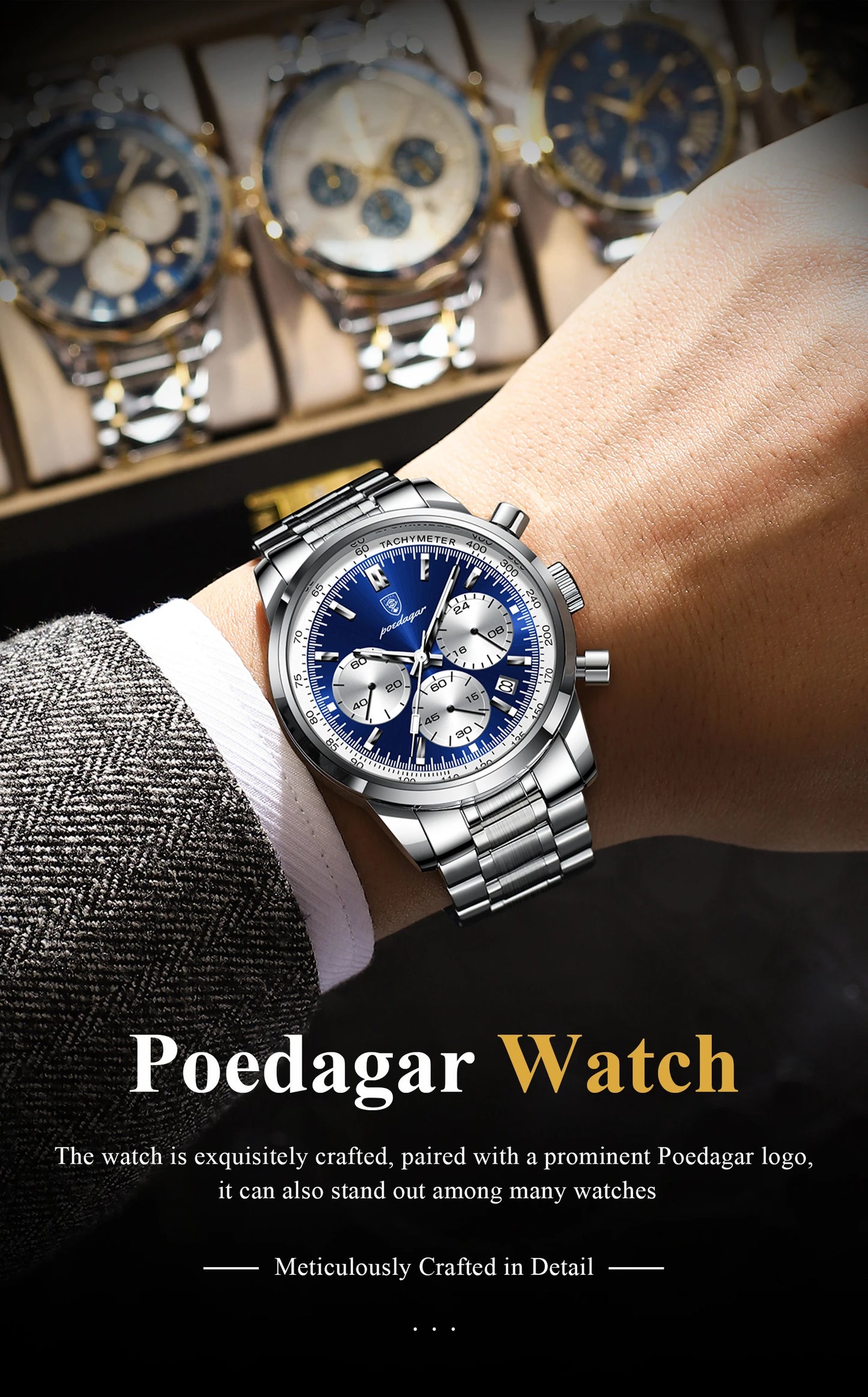 POEDAGAR Luxury Men Watch Waterproof Luminous Chronograph Date Stainless Steel Watch for Men Quartz Military Men's Watches Reloj