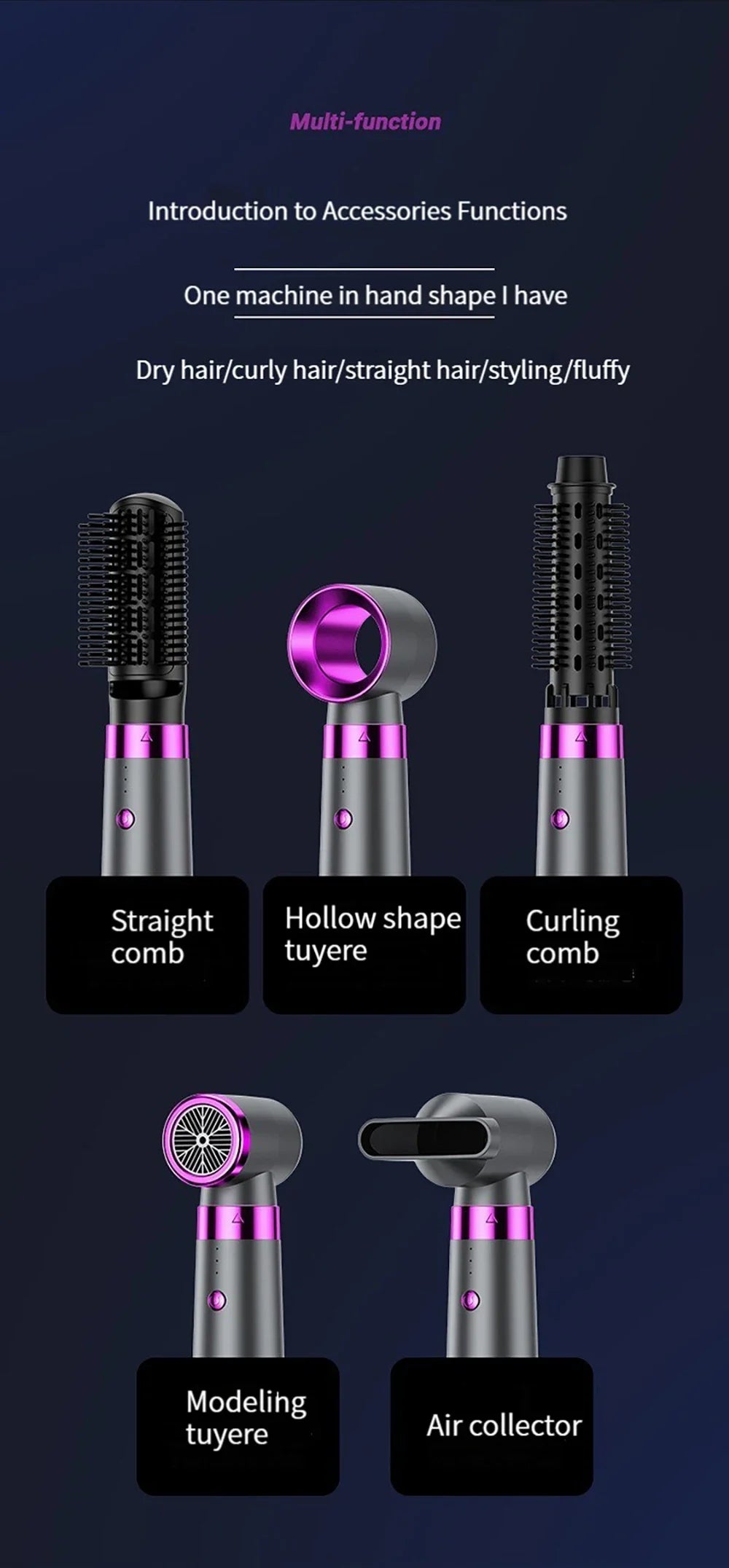 Multifunction Hair Dryer 5 in 1 Hot Air Comb Automatic Curling Rod Straight Hair Comb Hair Dryer Salon Style Tool Fast Dry