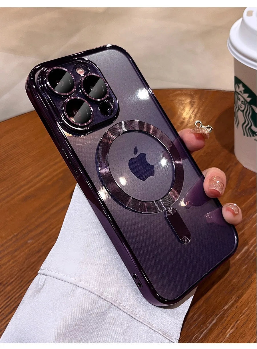 Plating Soft TPU Full Lens Protect Case For iPhone 16 15 14 13 12 11 Pro Max Plus Magsafe Magnetic Wireless Charging Clear Cover