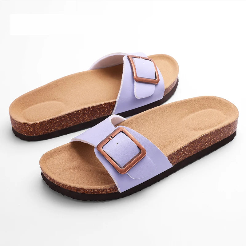 Kidmi Women Cork Suede Mules Slippers Outdoor Antiskid Beach Slippers Classic Cork Footbed Women Sandals With Adjustable Buckle