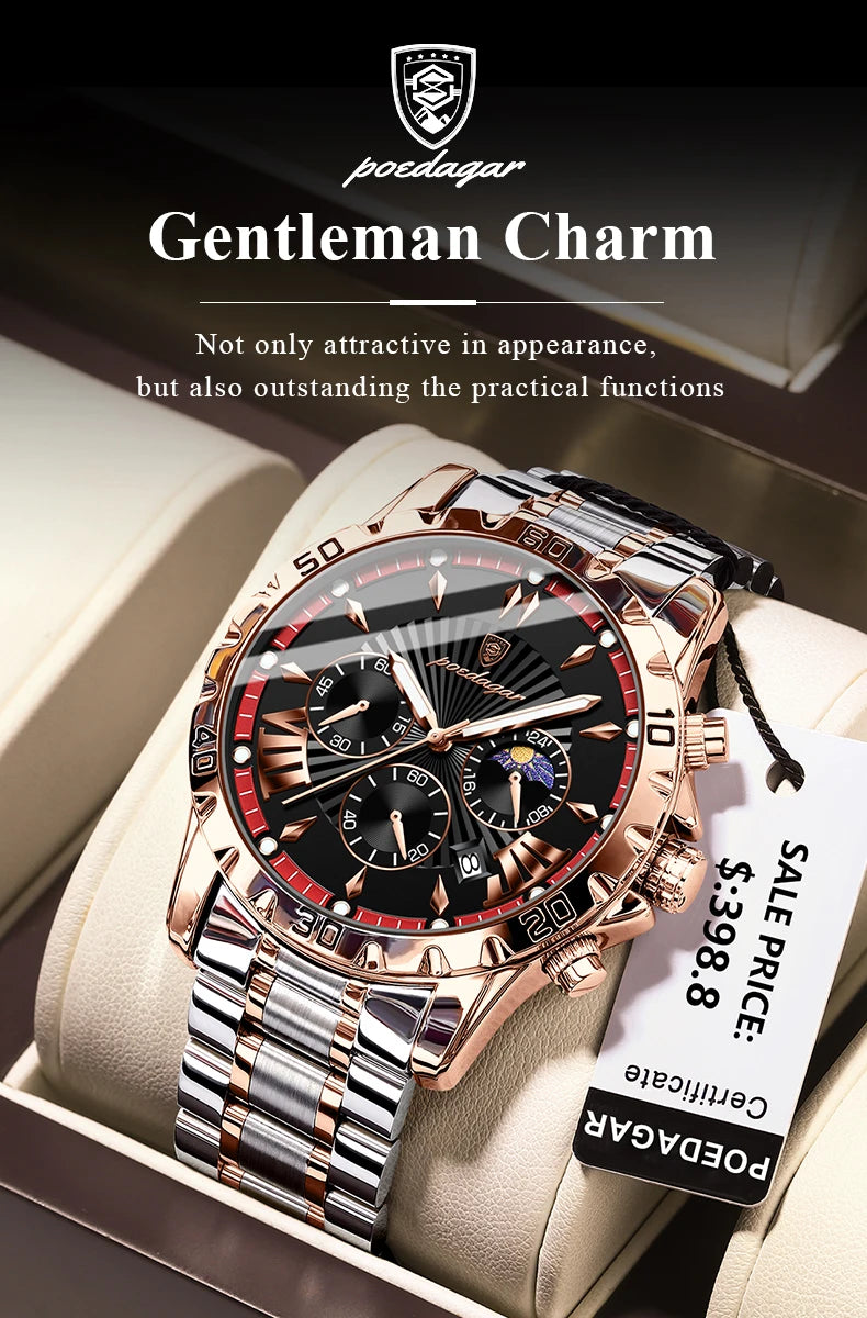 POEDAGAR Luxury High Quality Watch for Man Waterproof Luminous Chronograph Date Men Watch Stainless Steel Quartz Men's Watches