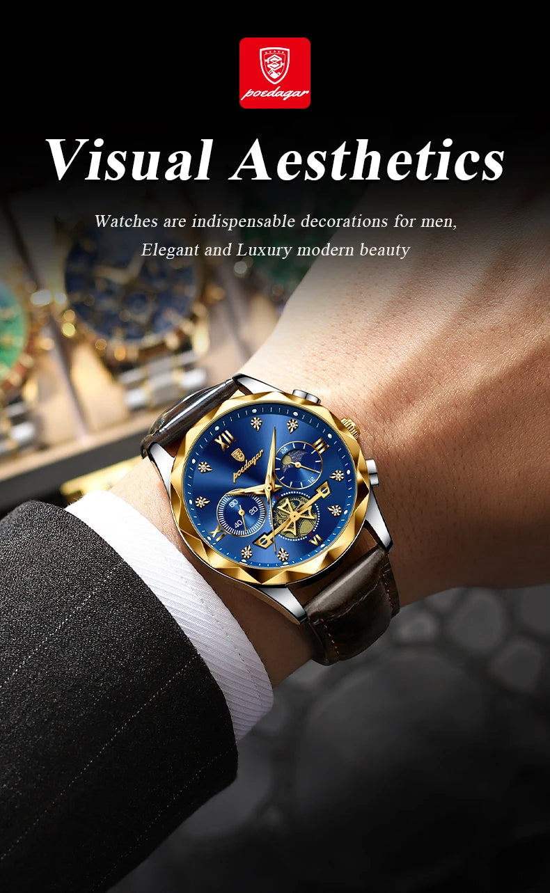 POEDAGAR Luxury Watch for Man Sports Leather Men Quartz Watch Waterproof Luminous Chronograph Men's Watches Male Clock Reloj+box
