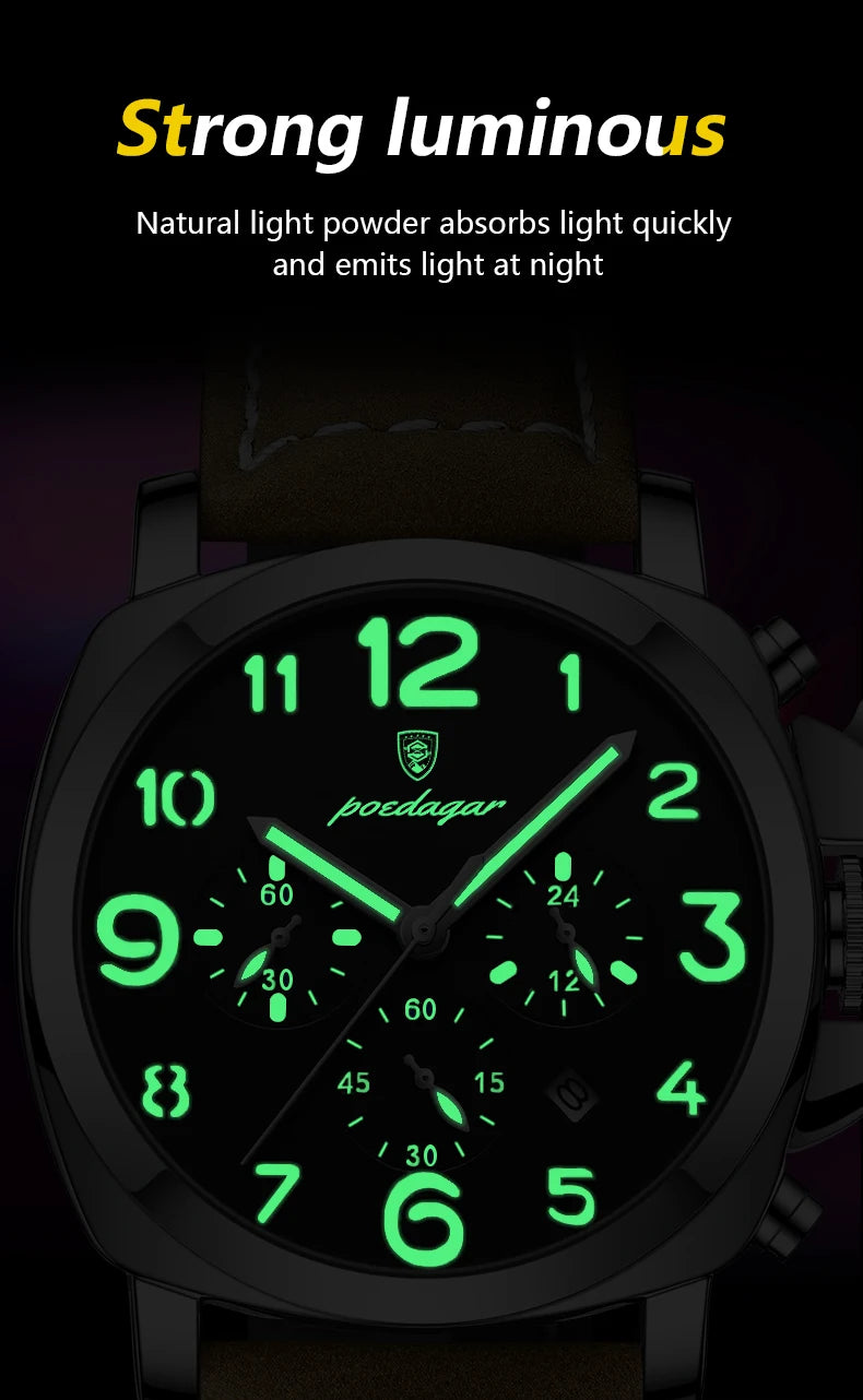 POEDAGAR Luxury Man Watch Chronograph Waterproof Luminous Date Watch for Men Casual Leather Sports Military Men's Quartz Watches